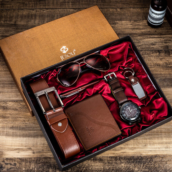6-teiliges Geschenkset für Herren – zwei Brieftaschen, eine Uhr, ein Gürtel, eine Brille, ein Stift, Schlüsselbund.